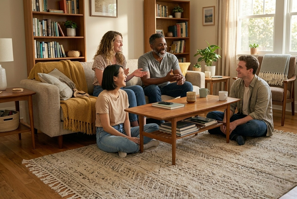 A group of adults connecting and supporting one another outdoors